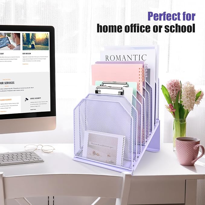 SUMMORO Inclined File Organizer for Desk, 7-Section Vertical File Holder | Office Desk Organizer Metal Rack File Folder, Wire Mesh Desktop Document Sorter, for Office School Classroom Home (Purple) - Image 2