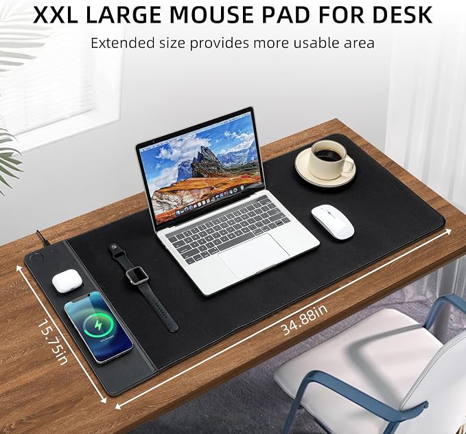 VOVIPO 3 in 1 Wireless Charging Mouse Pad, Gaming Mousepad with Wireless Charger Multiple Devices Compitable with Watch/iPhone/Airpods, Large Desk Mat 90 x 40cm,Desk Pad for MacBook, PC, Laptop-Black - Image 2