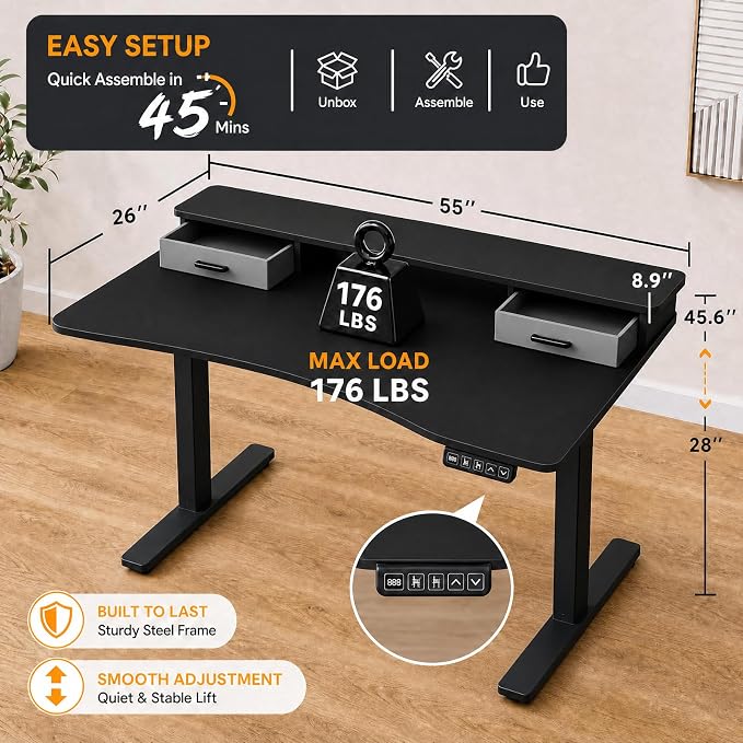 Grandder Electric Standing Desk with Two Drawers, Curved Sit to Stand Up Height Adjustable Desk with Storage Shelf for Home Office, 55 * 26 Inch, Study, Ergonomic Adjustable Computer Desk, Black - Image 2