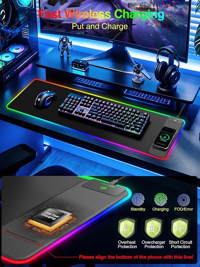 Wireless Charging Mouse Pad Gaming, 31.5"x11.8" Large Desk Mat, Waterproof | RGB Mousepad, Smooth Glide, Stitched Edge, Non-Slip Rubber Base, Desk Pad Computer Keyboard Mat, No Adapter - Image 4