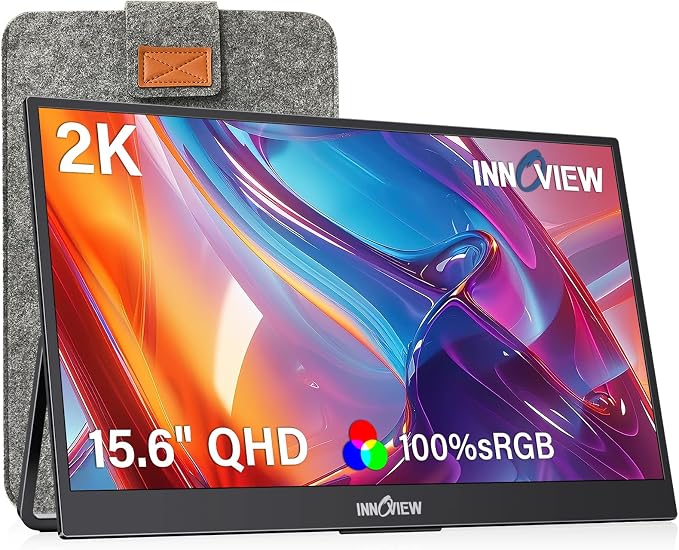 InnoView 2K Portable Monitor 15.6" QHD 100% sRGB, Built-in 180° Adjustable Stand Travel Monitor USB C Standard HDMI Ultra-Slim Portable Monitor for Laptop MacBook Phone PS5 Xbox Switch by InnoView