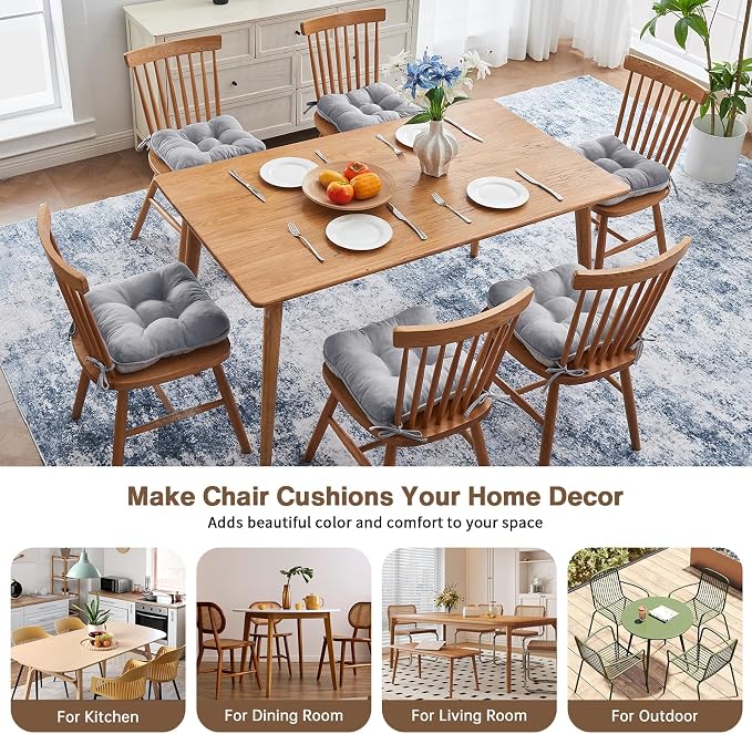 BETU Chair Cushions for Dining Chairs Set of 6,3.5" Thick Kitchen Table Chair Pads with Ties,Non Slip Backing and Covers, Seat Cushion for Dining Room,Bar,Patio Chairs,15.5"X15.5"X3.5",Light Grey - Image 6
