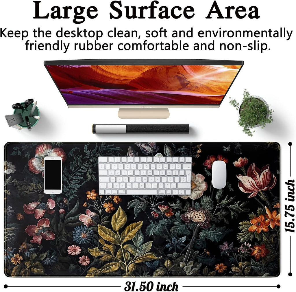 Floral Desk Mat Dark Vintage Aesthetic Desk Pad Flower Plant Black Extended Mouse Pad Large Gaming Mousepad XXL Laptop Computer Mouse Keyboard Mat 31.5 x 15.7 in for Office Desk Decor - Image 2