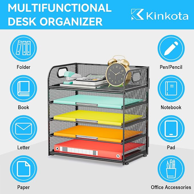 Paper Organizer Letter Tray with Handle, 5-Tier Black | Stackable Desk Organizer with Metal Mesh, Sturdy Paper Tray for Office Desk, Home & Classroom Supplies Storage - Image 4