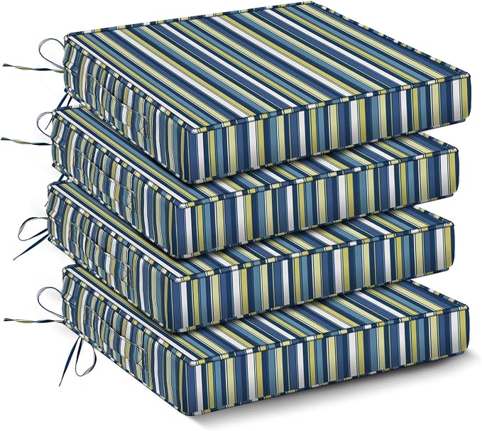 IPYNBAP Outdoor Chair Cushions Set of 4 -Waterproof Outdoor Seat Cushions for Patio Furniture, Patio Chair Cushion with Handle and Ties, Out Door Chair Pads,18.5x16x3-Square, Blue Stripe by IPYNBAP