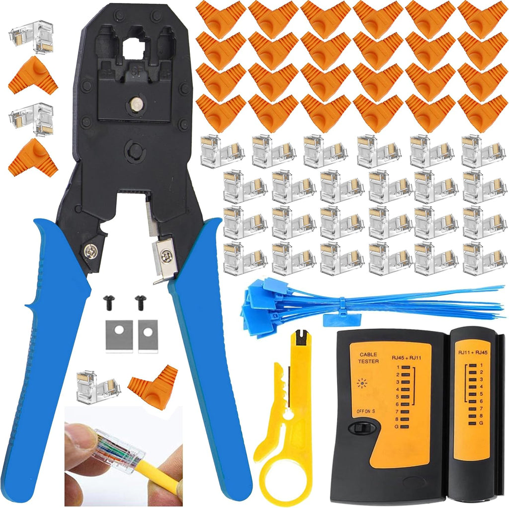 LEATBUY Crimper Ethernet Kit CAT5 CAT6 Crimping Tool RJ45 Crimp Set for RJ11 RJ12 for Pass Through with 50PC Connector 50PC Cover Ethernet Network LAN Cable Wire Stripper((ORANGE) by LEATBUY-TECH