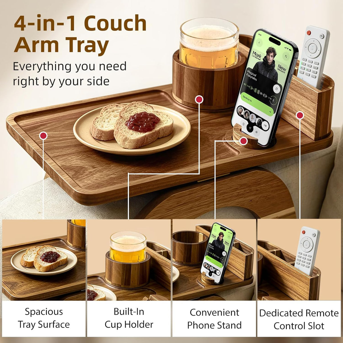Couch Armrest Table, 4-in-1 Solid Acacia Wood Non-Slip Sofa Armrest Tray with Cup Holder, Phone Stand & Remote Control Slot for Drinks, Snacks & Remotes - Image 3