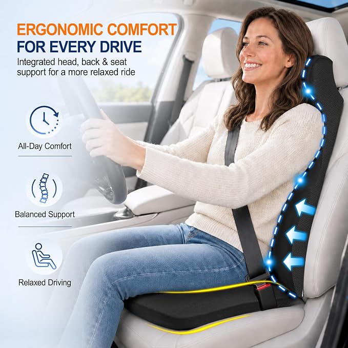 Allaboutsla 2 Piece Car Seat Cushion, Back Support with Car Headrest Pillow | 3-in-1 Memory Foam Car Seat Cushions, Car Lumbar Support with Car Neck Pillow, Seat Support for Long Driving, Trucks, Black - Image 3