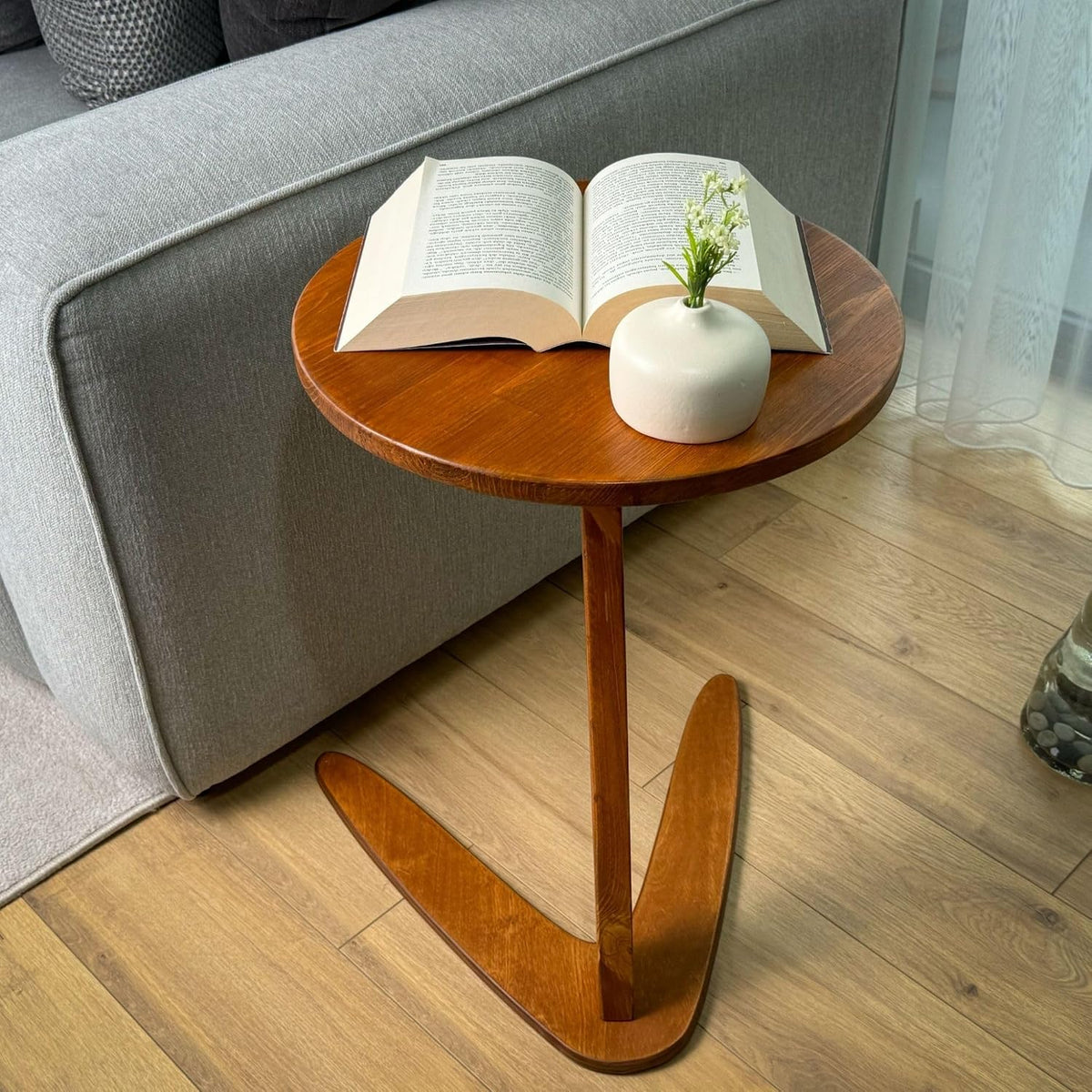 Small C-Shaped Solid Pine Side Table, Chestnut, Medium - Image 2