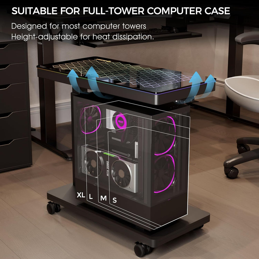EUREKA ERGONOMIC Height Adjustable Computer Tower Stand, Illuminated Glass Panel PC Stand w/RGB Lights, 2-Tier CPU Holder Cart Under Desk, PC Floor Stand for Office Gaming, APP Control - Image 7