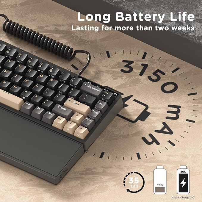 RK ROYAL KLUDGE S70 Ergonomic Split Keyboard, Linear Creamy Switch Black | Wireless RGB Mechanical Keyboard with Bluetooth/2.4G/Wired, 75% Hot Swappable Gaming w/Fixed Wrist Rest, PBT Keycaps, Win/Mac - Image 6
