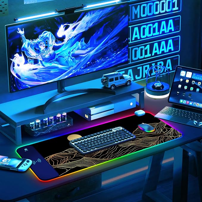ToLuLu RGB Wireless Charging Gaming Mouse Pad, 7.5/10/15W 10 Light Modes LED Mouse Pad Computer Keyboard Mat Mousepad, 800x300x4MM Extended Large Desk Mat Desk Pad, Sun Shines Over Golden Mountain - Image 9