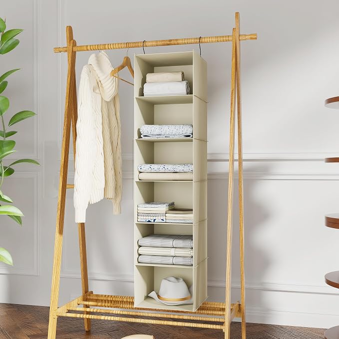Hanging Closet Organizer 6-Shelf, Oxford Fabric Wardrobe Storage, Beige | Easy-mount foldable design holds clothes, handbags, shoes & accessories; washable Oxford fabric, sturdy and space-saving. - Image 2
