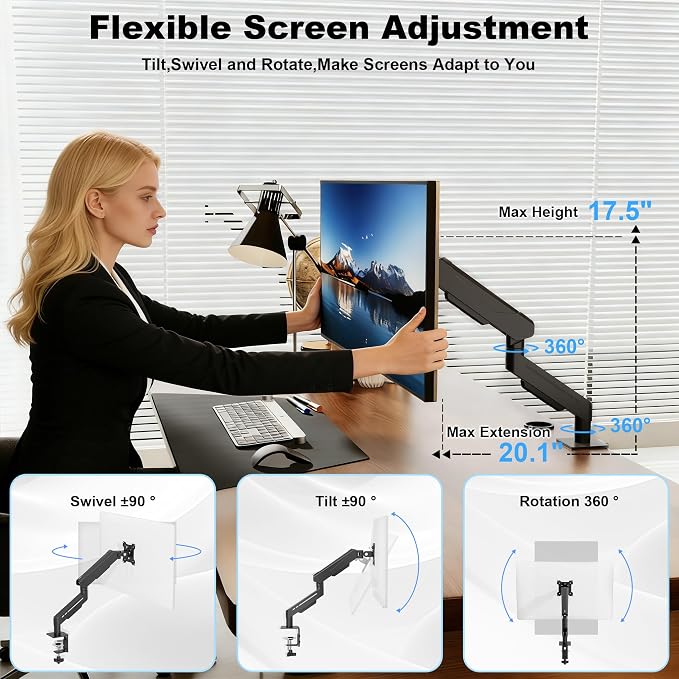 THEARK Single Monitor Desk Mount 17"-32" Screens - Adjustable Mechanical Monitor Arm Computer Monitor Stand up to 19.8 lbs,VESA Arm Desk Mount with C-Clamp and Grommet Base,VESA 75x75/100x100mm,Black - Image 4