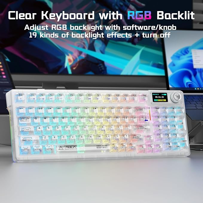 Aula F98Pro V3 Wireless Mechanical Gaming Clear Keyboard with Screen & Knob | Triple-Mode Hot Swappable, Gasket Mount Linear Switches, Clear Keycaps RGB Backlit, TFT Screen 10000mAh Battery for PC/Office - Image 5