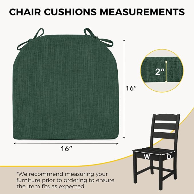 downluxe Indoor Chair Cushions for Dining Chairs, Soft and Comfortable Textured Foam Kitchen Chair Pads with Ties and Non-Slip Backing, 16" x 16" x 2", Dark Green, 6 Pack - Image 2