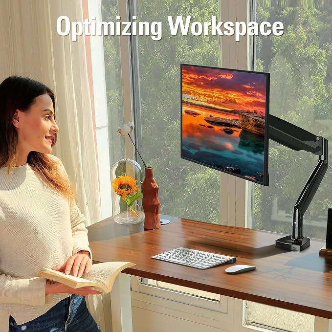 Single Monitor Mount Holds Screen up to 32", Height Adjustable Monitor Arm, Full Motion Computer Monitors Stand with Clamp/Grommet Base, VESA Mounts Fit 4.4-17.6lbs Computer, Black - Image 3
