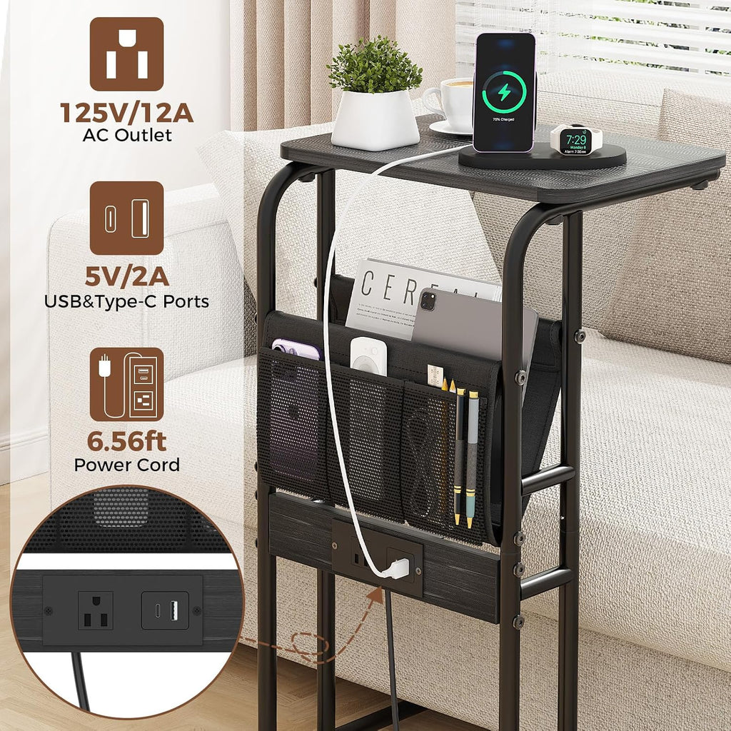 C-Shaped End Table with Charging Station and Storage Bag Black - Image 3