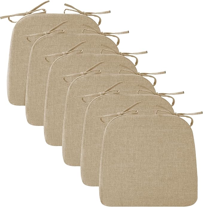 Ruqmuis Chair Cushions for Dining Chairs, 2" Thick Seat Cushions for Kitchen Chairs, D-Shaped Chair Pads with Washable Cover, Ties and Non Slip Backing, 17'' x 16'', Set of 6, Khaki by Ruqmuis