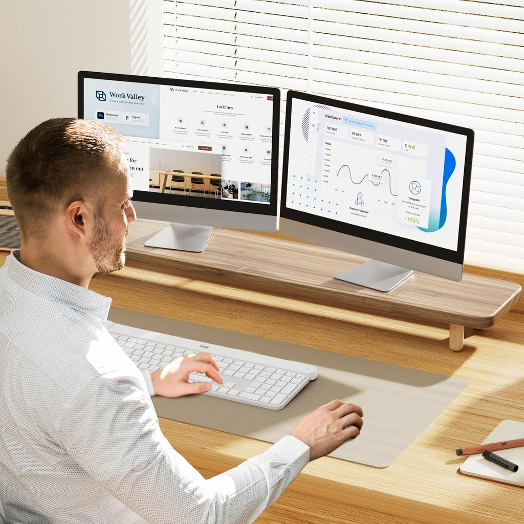 Dual Monitor Stand Riser, 39 Inch Extra Long Wooden Desktop Monitor Riser with Storage for 2 Monitors Ultra Strong Desk Shelf Organizer Riser Ergonomic for 2 Screens/Laptop/PC/TV/Printer -Light Walnut - Image 5