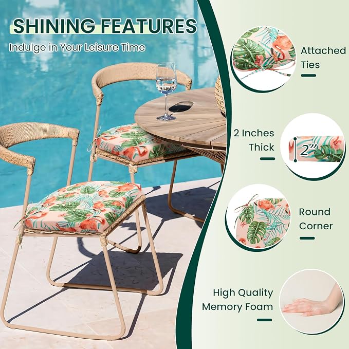 HARBOREST Outdoor Chair Cushions Set of 4, Water Resistant Patio Chair Cushions with Ties, Outdoor Seat Cushions for Patio Furniture, 17"x16"x2", Flamingo - Image 3