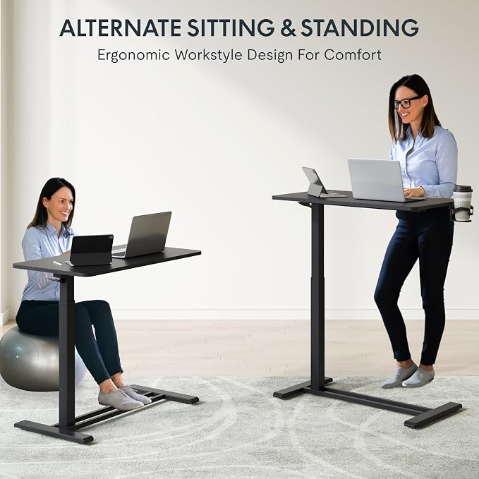 FLEXISPOT H7 32" Pneumatic Height-Adjustable Overbed Table with Wheels | C-shaped bedside table,Medical End Table,Rolling Cart TV Tray,Laptop desk for Hospital Home office use,31.5"Wx17.7"D,Black - Image 11