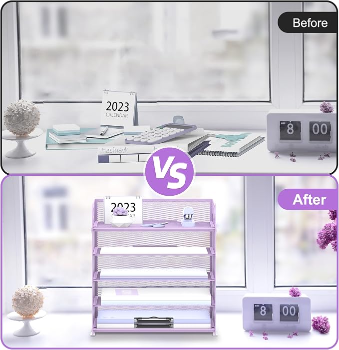 5 Trays Paper Organizer Letter Tray with Handle-Mesh Desk File Holders, Paper Sorter Desk Organizer for Office, Home, Classeoom or School, Purple - Image 6