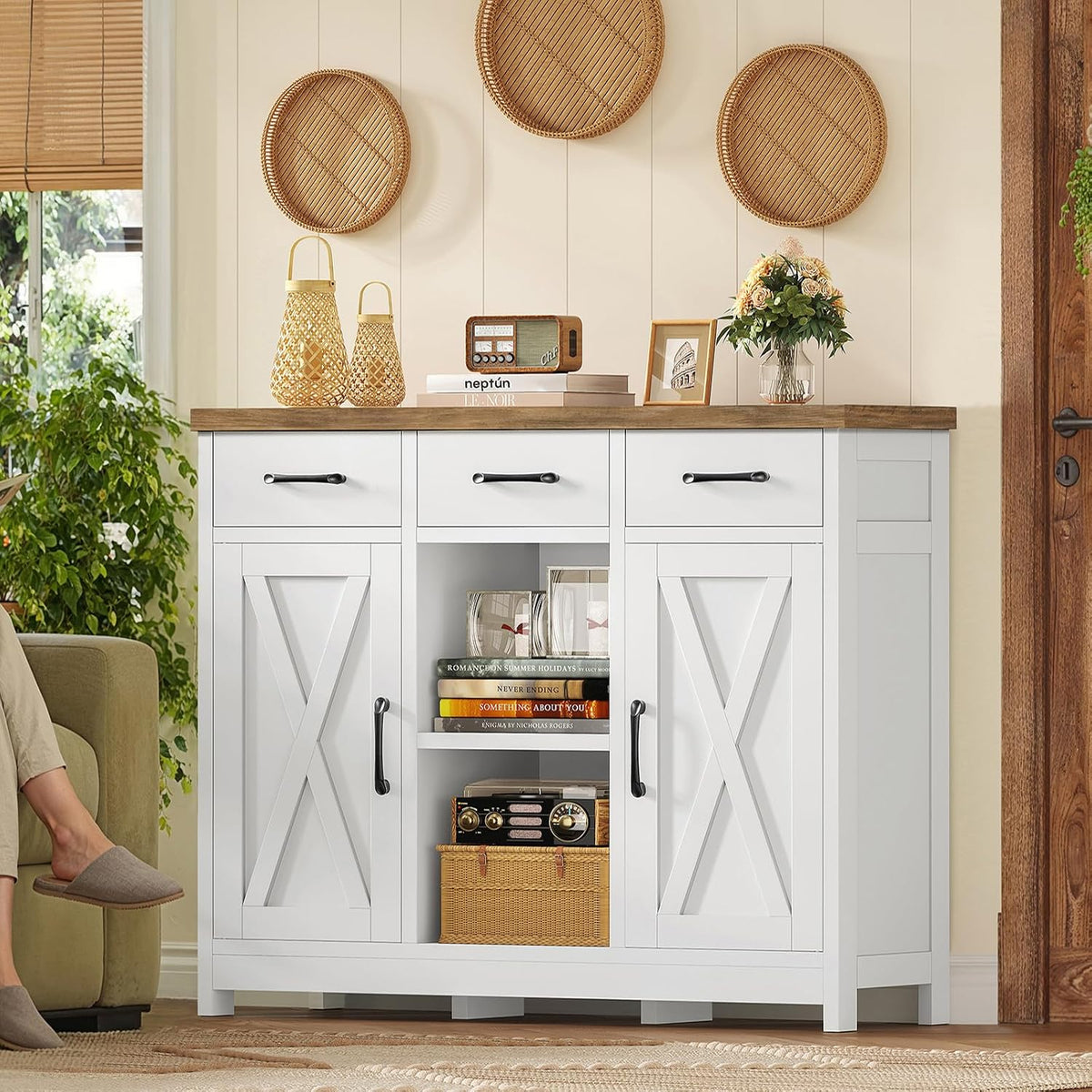 Storage Cabinet, Coffee Bar Cabinet with 3 Drawers, 2 Adjustable Shelves & 2 Doors, Buffet Cabinet, Kitchen Cabinet for Kitchen, Dining Room, Living Room, White - Image 3
