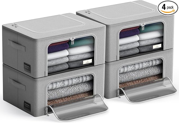 Sorbus Clothes Storage Bins, Clear Window & Handles (4 Pack, Gray) | Large foldable stackable boxes have easy-carry grips for bedding and linens in closets, bedrooms and laundry rooms. by Sorbus