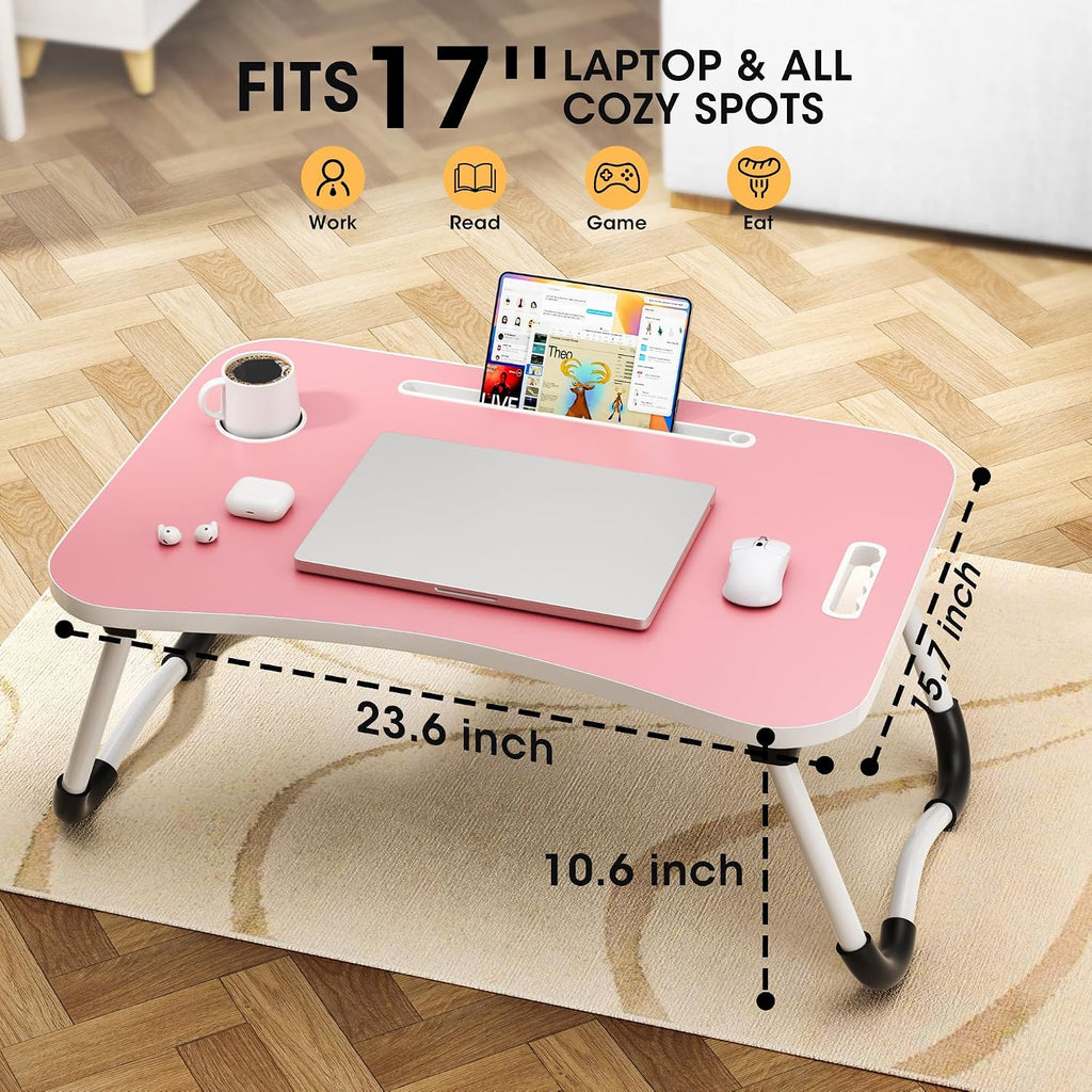 Folding Lap Desk, 23.6 Inch Wood Laptop Bed Desk with Cup Holder, Portable Bed Table for Working Writing Reading & Eating for Bed, Sofa, Couch, Floor - Pink - Image 2