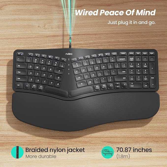 Nulea RT05C Wired Ergonomic Keyboard, Split Keyboard with Cushioned Wrist Rest, Adjustable Tilt Legs, Plug and Play, USB Corded, Compatible with Windows/Mac | Plug and Play Keyboard with Adjustable Tilt Legs, Natural Typing Design, Comfortable Support ... - Image 3