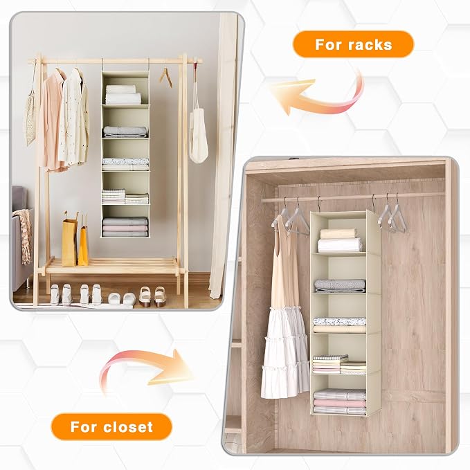 Hanging Closet Organizer 5-Shelf, Oxford Fabric Wardrobe Storage, Beige | Easy-mount foldable design holds clothes, handbags, shoes & accessories; washable Oxford fabric, sturdy and space-saving. - Image 5