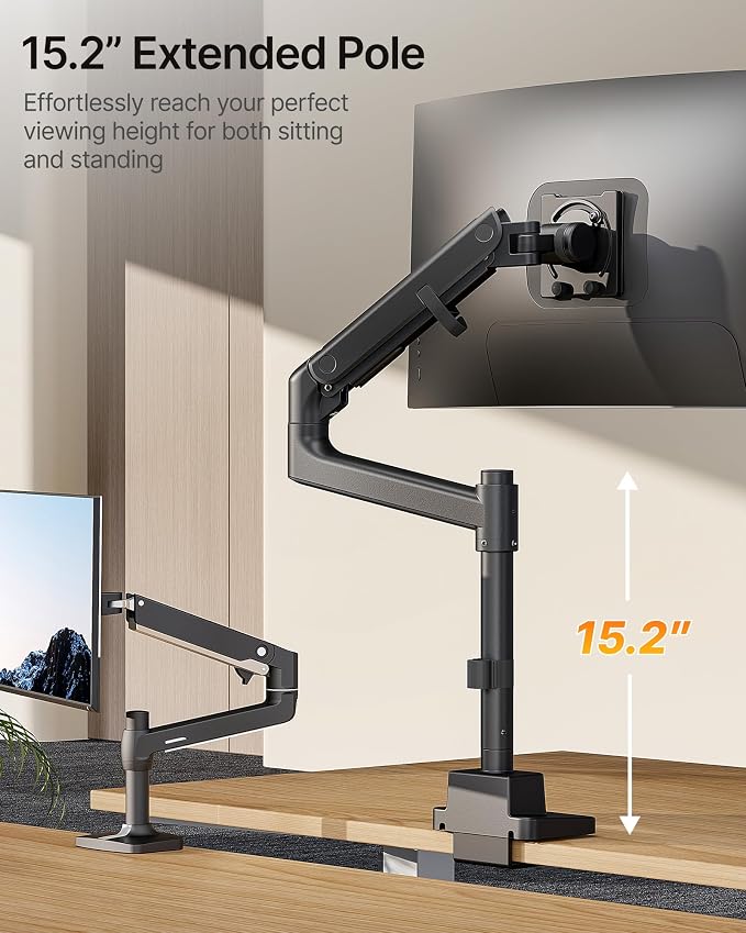 monTEK Ultrawide Monitor Arm Max 57",Height Adjustable 8.1"-25.5",Black | Fits 17–57" Curved Monitors, Up to 59.4 lbs,Heavy Duty 75/100 VESA Monitor Stand,No Sag,Gaming & Office Workstation - Image 4
