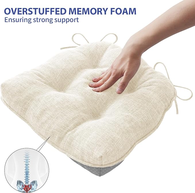 IPYNBAP Chair Cushions Set of 4, 4" Outdoor & Indoor Seat Cushions with Ties, Non Slip, Memory Foam Chair Pads for Dining, Kitchen, Office, Patio Furnitures, 15.5" x 15.5", Beige - Image 5