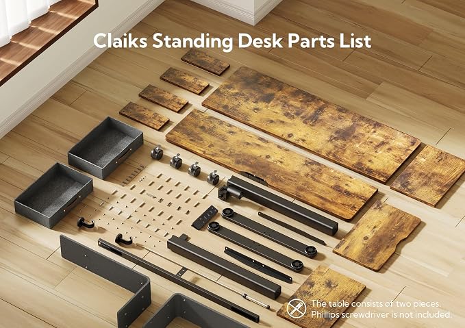 Claiks Standing Desk with Drawers & Wheels, 2 Height Shelf 40" Rustic Brown | 2 height adjust shelf, tabletop drawers, felt fence design, sturdy supports 176 lbs, 4 wheels, 2 tire monitor stand - Image 7