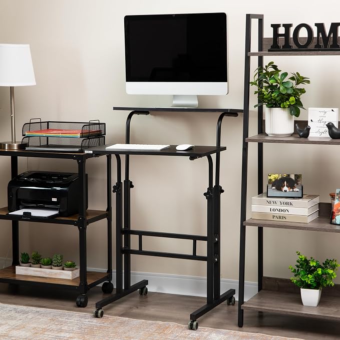Mind Reader Standing Desk, Adjustable Height Laptop Workstation, Portable Rolling Desk on Wheels, Two-Tier Metal Frame, Black - Image 2