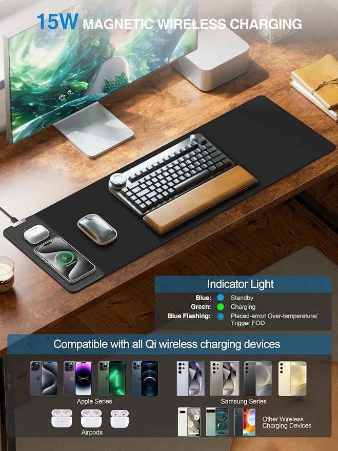 TopMade Mouse Pad with 15W Fast Wireless Charging, 31.5"x11.81" XL Large Gaming Mousepad, Waterproof Desk Pad, Classic Black Computer Desk Mat(Includes 20W PD Power Adapter & 6.56ft Woven Cable) - Image 2