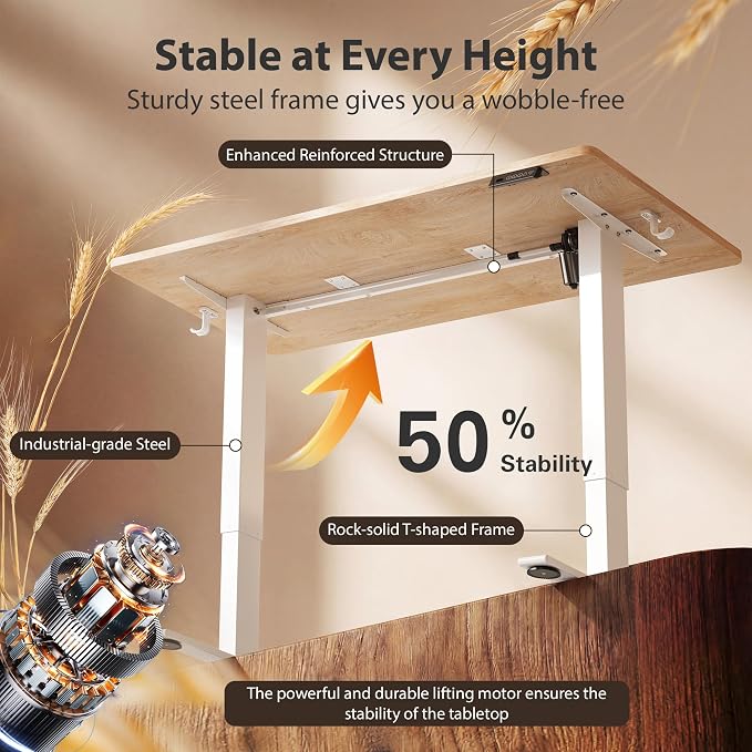 Cubiker Standing Desk, 63x28 Inches Sit Stand Home Office Desk, Electric Stand up Desk, Adjustable Desk with Splice Board, White Frame/Maple Top - Image 6