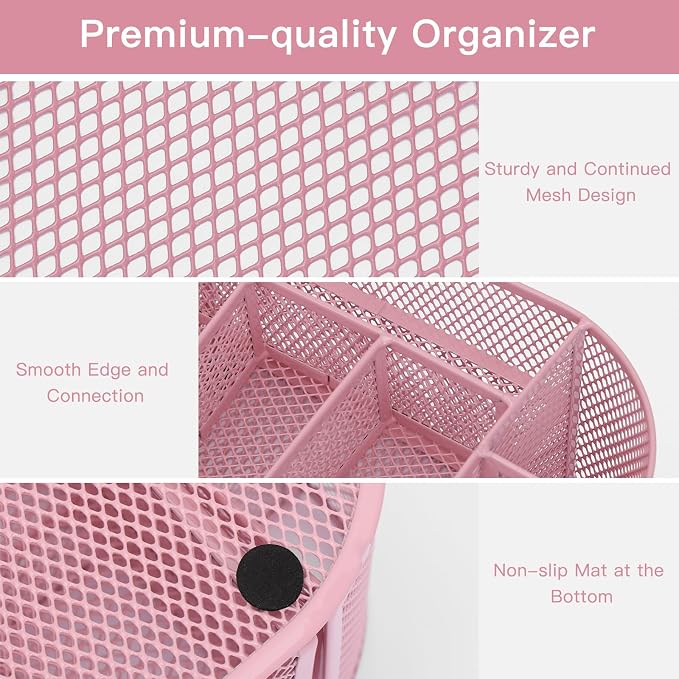EOOUT Pink Desk Organizer Mesh Pencil Holder 8 Compartments 1 Drawer | Pink Desk Accessories, 8 Compartments, Pull-Out Drawer, for Pens Pencils Scissors Notes, School and Office Supplies - Image 4