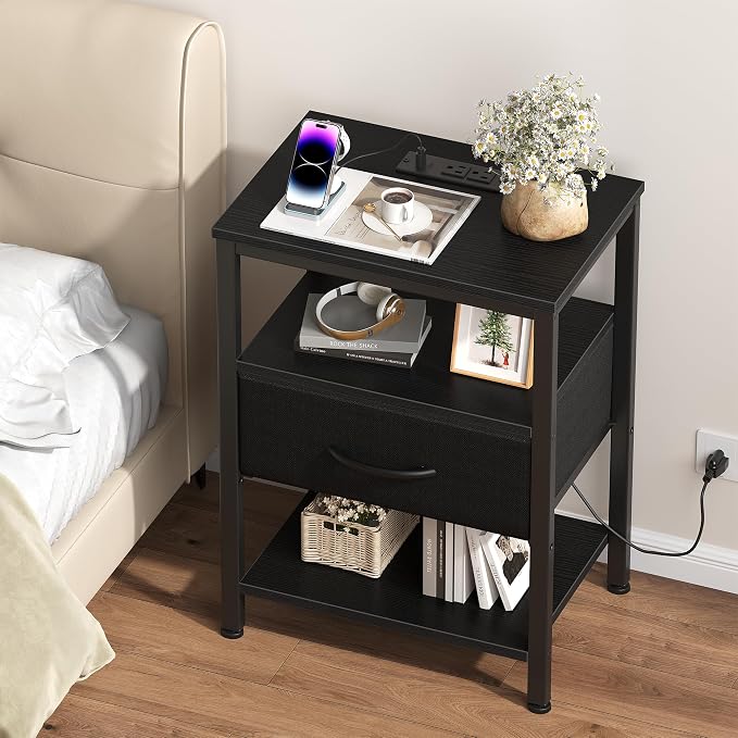 OLIXIS Nightstand with Charging Station, Beside Table with Fabric Drawer | 3-Tier End Table with 2 Storage Shelves,Night Stand with USB Ports and Outlets for Bedroom, Black - Image 2