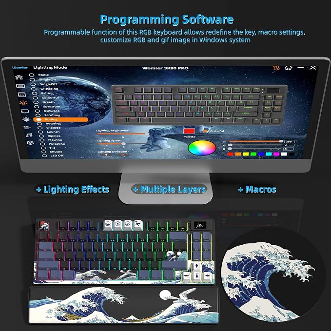 Womier 75% Wireless Mechanical Keyboard with Color Multimedia Screen | Anime Gaming Creamy Keyboard,3-Modes Hot Swap Kanagawa Theme Keyboard w/Wrist Rest,Gasket RGB Custom for Mac/Win,SK80 PRO - Image 5