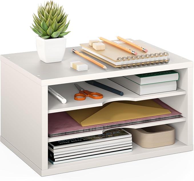 Ballucci File Organizer, 3-Tier Document Paper Sorter, Stackable Wood Desk Organizer, Mail Sorter and Monitor Stand with Storage Shelves, White by Ballucci