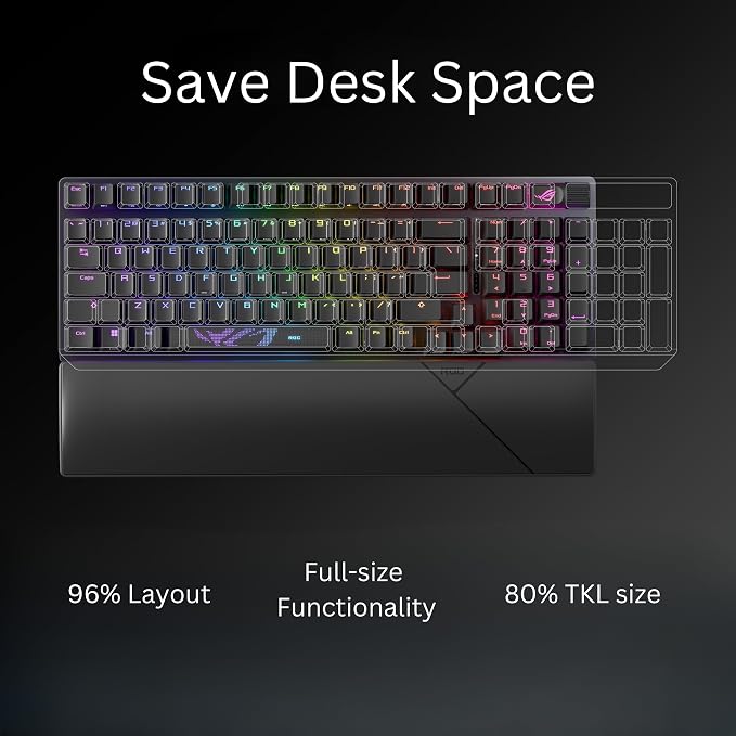 ASUS ROG Strix Scope II 96 Wireless Mechanical Gaming Keyboard – 96% Full-Size, Tri-Mode Connectivity, Hot Swappable Pre-lubed ROG NX Storm Clicky Switches, PBT Keycaps, RGB, PC/Mac Support - Black - Image 2