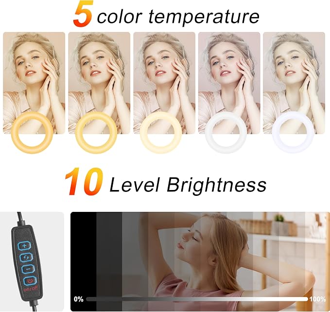 UEGOGO 10'' Ring Light with 72'' Tripod Stand, Dimmable LED Ringlight for Live Stream, Photography, Makeup, Video Recording - Image 2
