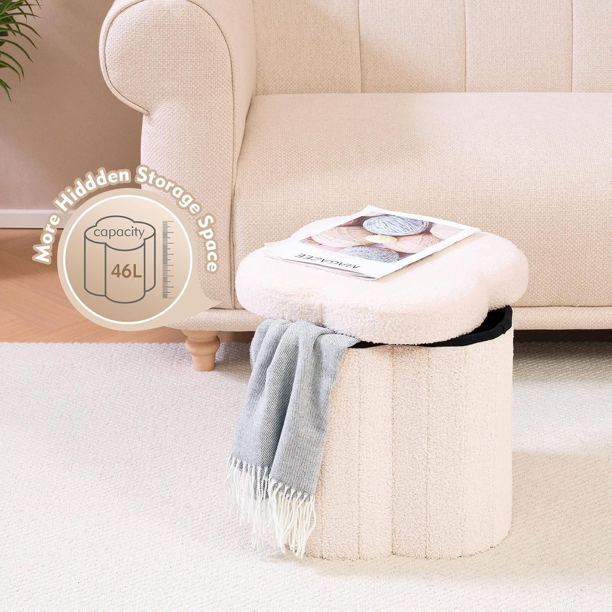 B FSOBEIIALEO Storage Ottoman Cube, 15" Flower Shaped Ottomans, Cream White - Image 2