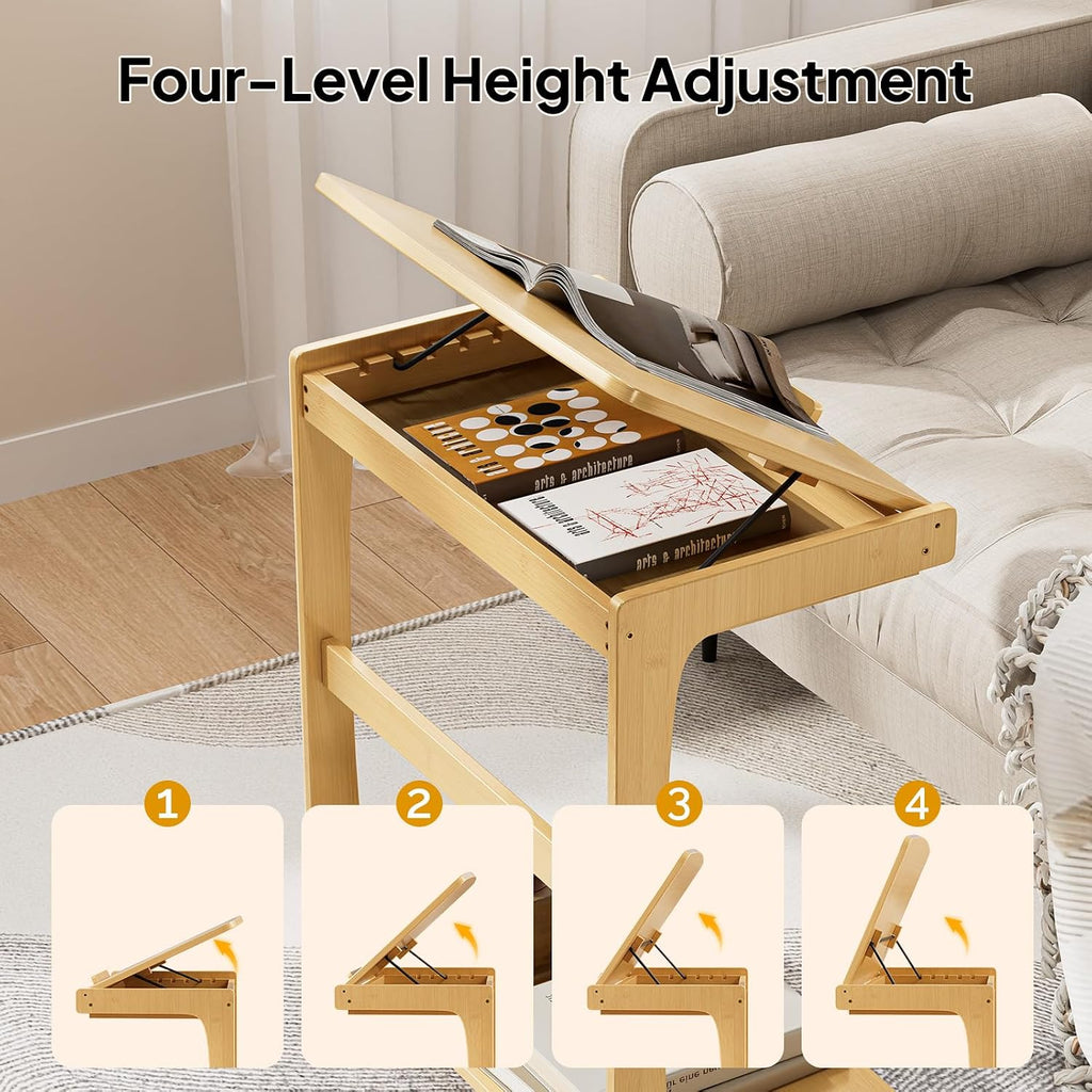 C Shaped Side Table, Rolling Bamboo End Table with Adjustable Tilt Top & Storage Shelf, Small Couch Table with Wheels for Living Room, Bedroom, Natural - Image 5
