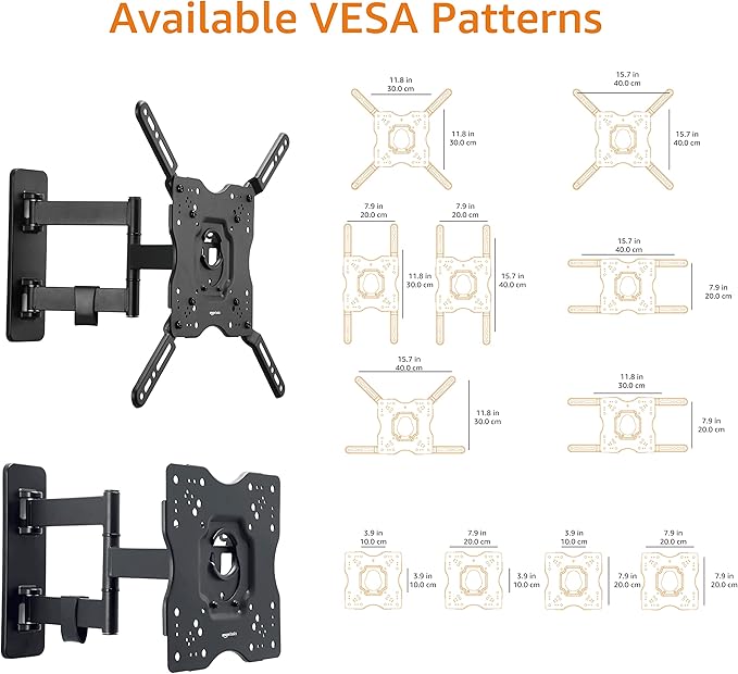 Amazon Basics Full Motion Articulating TV Wall Mount, with Swivel and Tilt, for 26" to 55" TVs and Flat Panels up to 80 Lbs, VESA Compatible, Single Stud, Black - Image 5