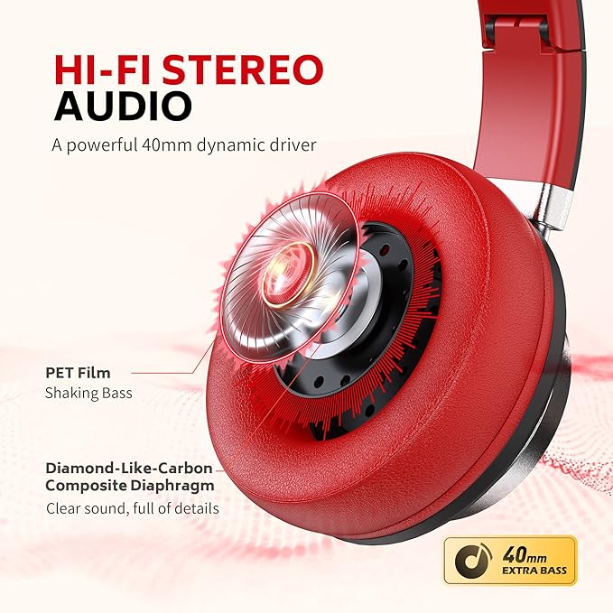 AC01 Over Ear Headphones Wired with Mic Volume Control, 3.5mm Jack | Corded Stereo Headsets for Adults Teens Kids Headphones for School Classroom Chromebooks Laptop Tablets Travel, Black Red - Image 3