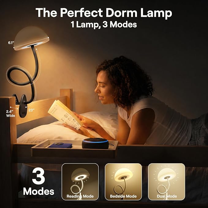 Shroommate Dorm Room Essential Clip On Bed Light - Headboard and Bedside Table Lamp, Flexible Reading Lamp, Night Light for Kids Nursery, Clip on for Desk, MultiColor LEDs, Adapter Included (Black) - Image 2