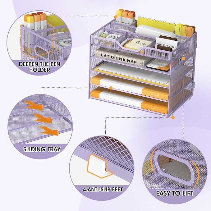 5 Tier Paper Letter Tray Desk Organizer with Pen Holders - Purple | Features 3 pen holders and 4 removable dividers.Versatile mesh desktop storage for mail, document,office supplie - Image 4